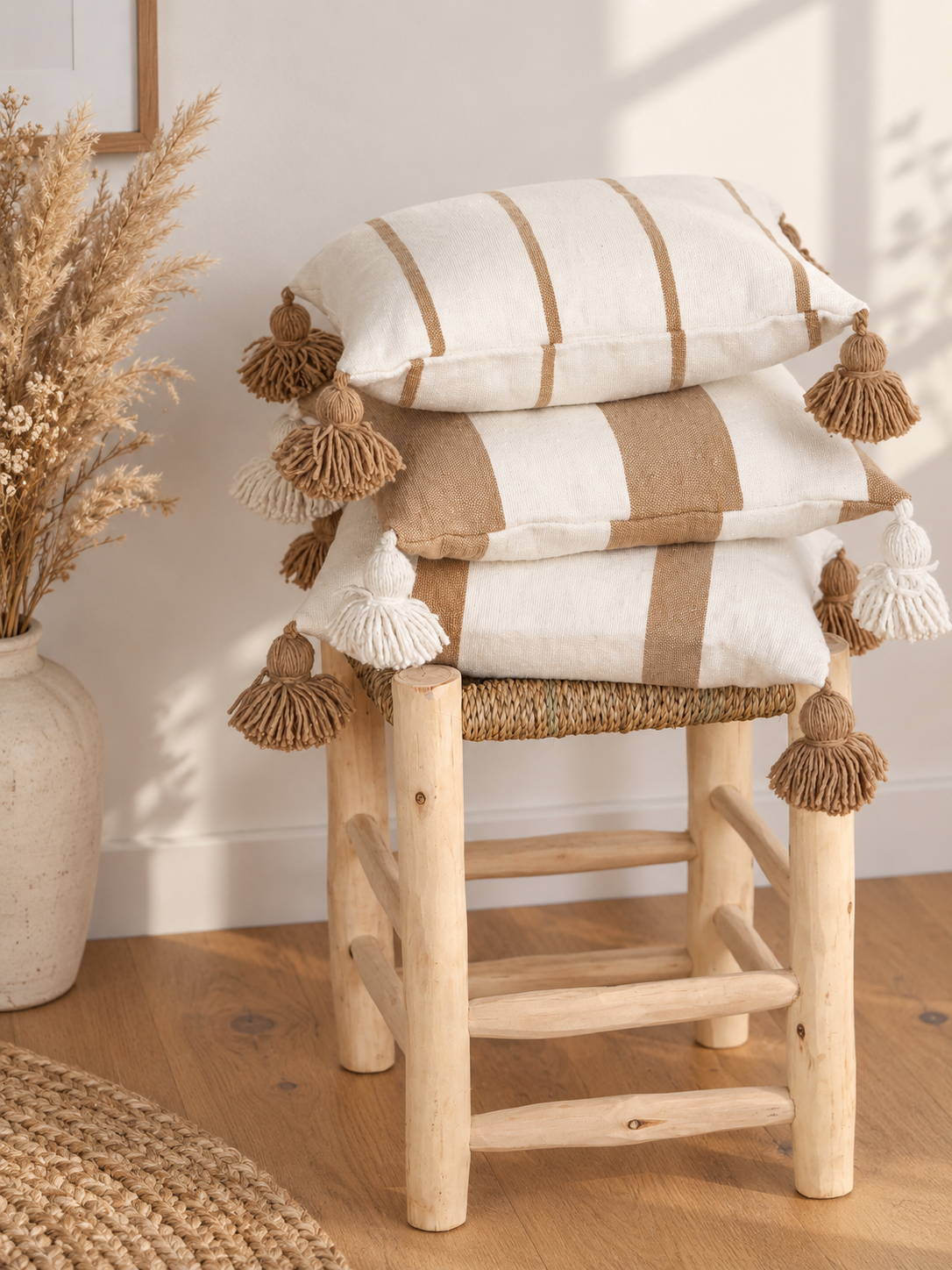 Coussin à pompons écru et larges rayures