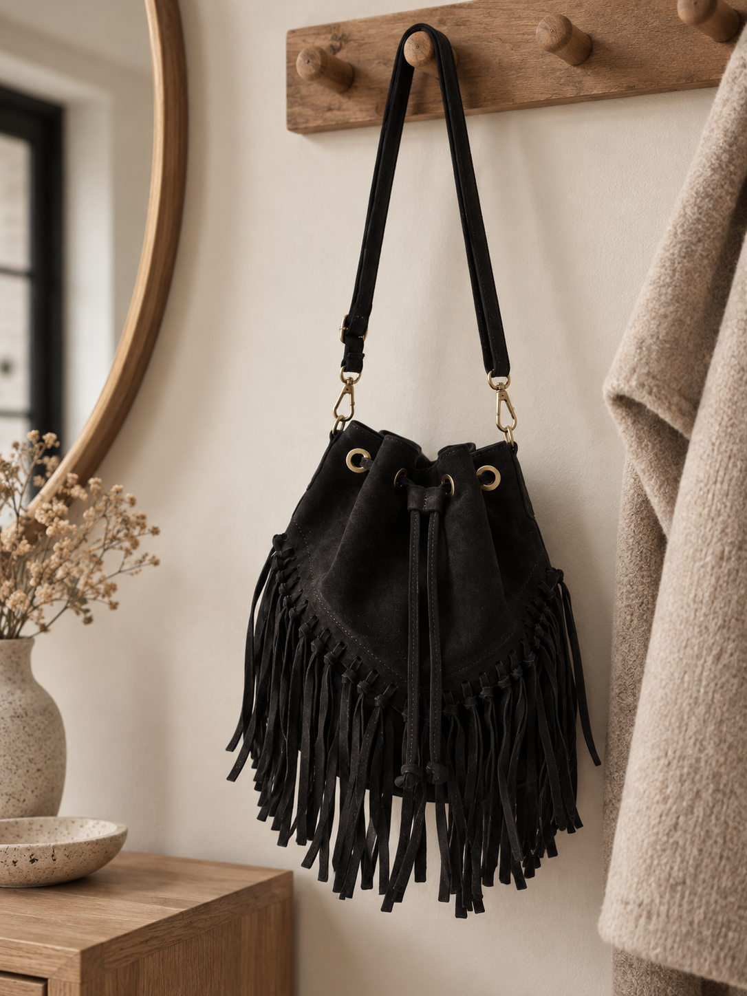 Sac seau en cuir suédé Aurélia noir