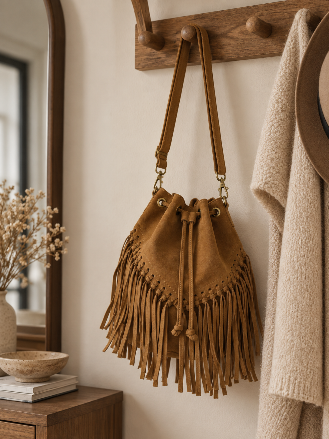 Sac seau en cuir suédé Aurélia camel