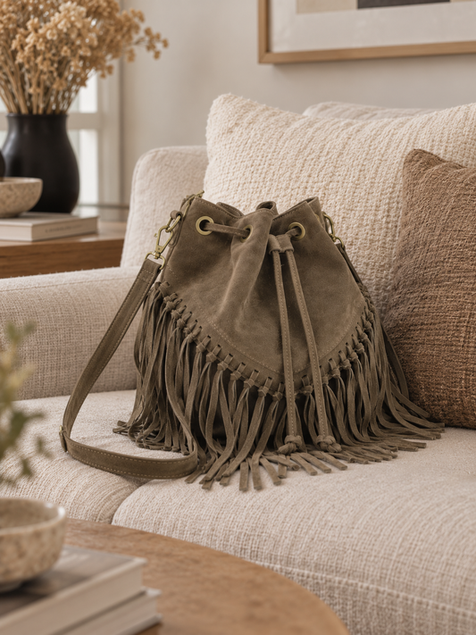 Sac seau en cuir suédé Aurélia taupe
